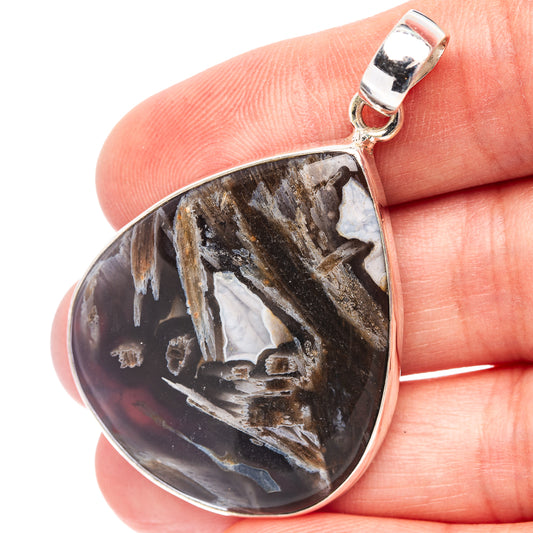 Sterling silver teardrop agate pendant with dark tube agate stone and top loop