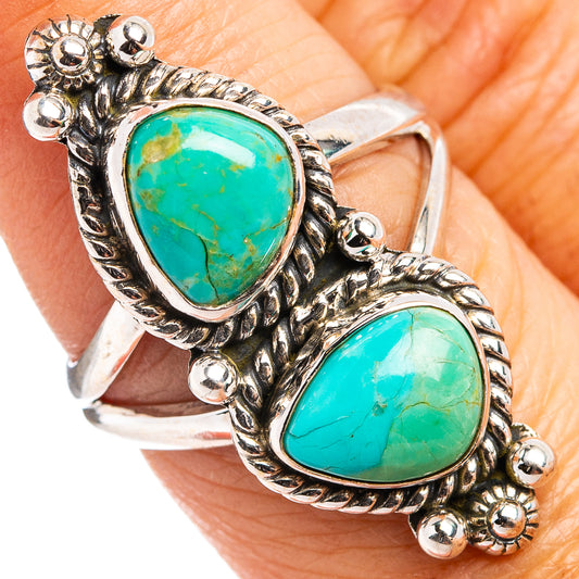 Native Style Mohave turquoise double-stone ring with oval turquoise cabochons, .925 silver