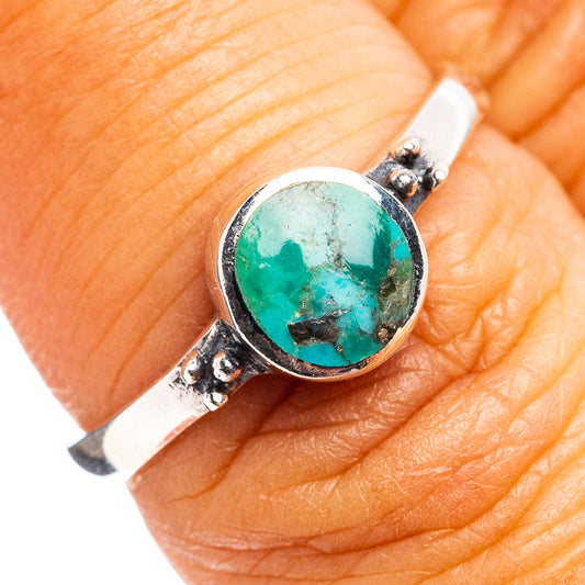 Native Style Mohave turquoise ring, .925 sterling silver, round bezel-set stone, dark accent studs