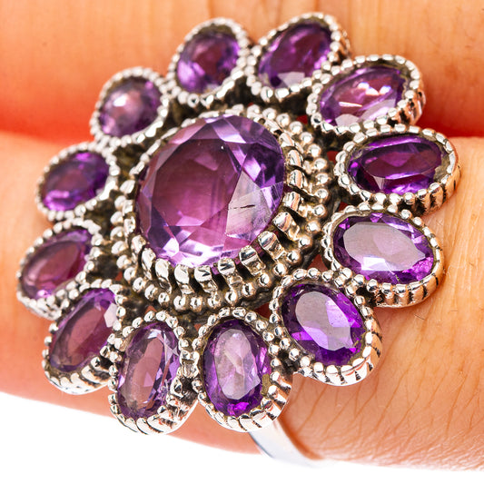 Amethyst flower ring in .925 sterling silver, close-up oval purple stones on hand