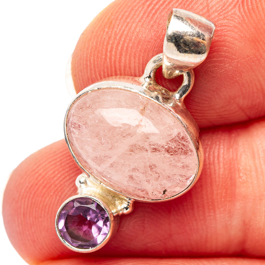 925 sterling silver pendant with oval pink stone and round amethyst cabochon, bail top
