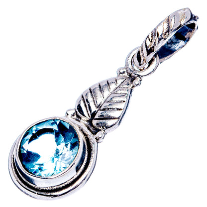 Sterling silver blue topaz teardrop pendant with round stone and ornate leaf bail