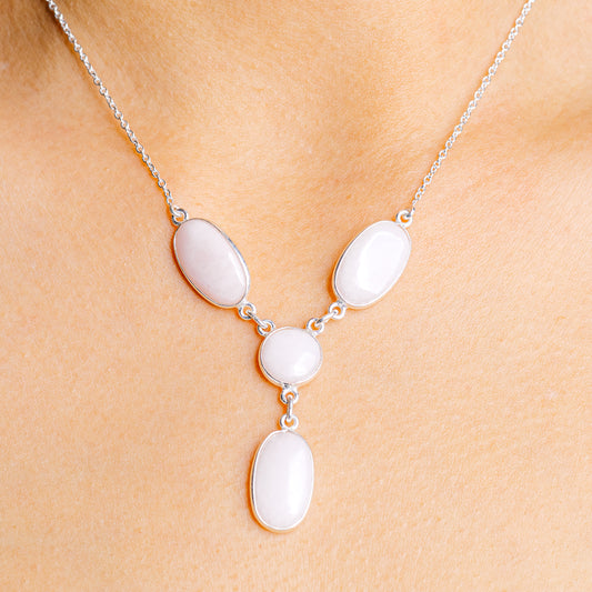 Pink opal pendant necklace with five oval cabochons in .925 sterling silver chain