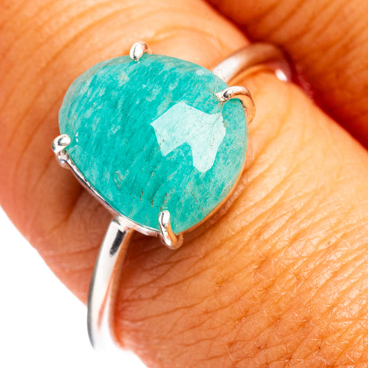 925 sterling silver ring with turquoise amazonite teardrop stone and four prongs