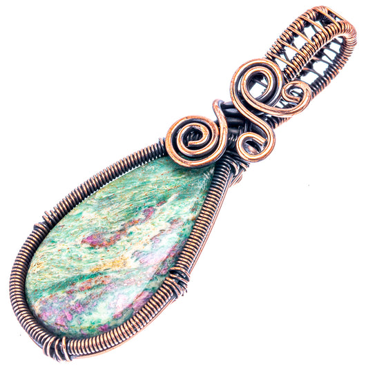 Wire-wrapped fuchsite teardrop pendant in oxidized copper with coiled spiral bail detail