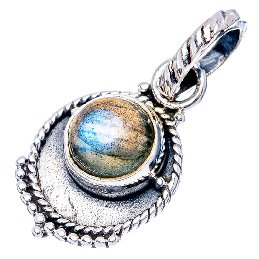 Labradorite pendant with round blue cabochon, scalloped sterling silver bezel and curved bail