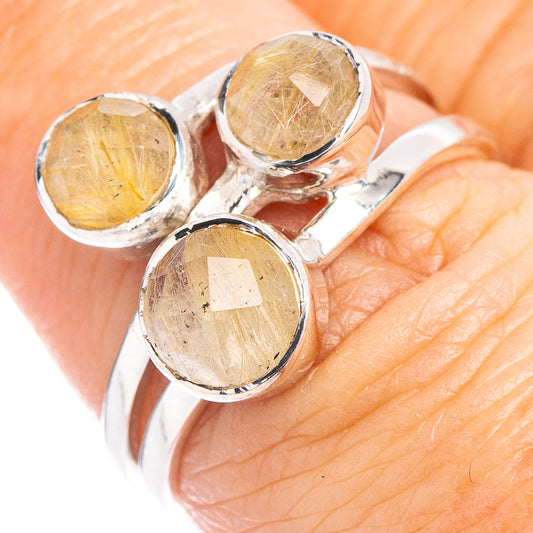 Sterling silver rutilated quartz ring with three round gold-toned cabochons, bezel-set
