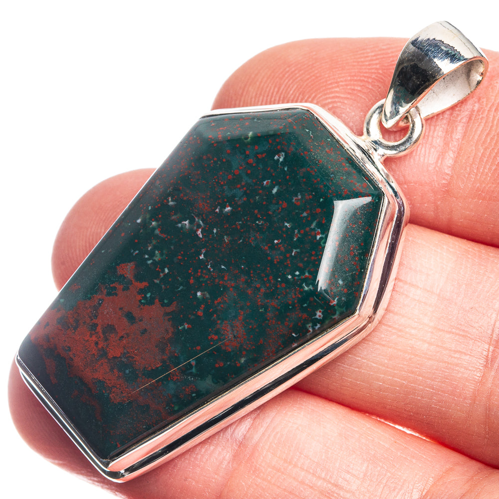 925 sterling silver bloodstone pendant with dark green red speckled stone and open bail