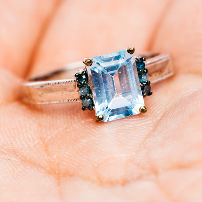Blue Topaz, Blue Diamond Ring Size 6.75 (.925 Sterling Silver)