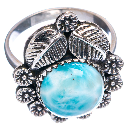 Sterling silver larimar cabochon ring with etched leaf design and beaded band