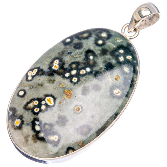 Oval ocean jasper pendant in .925 sterling silver, dark speckled floral clusters, bail top