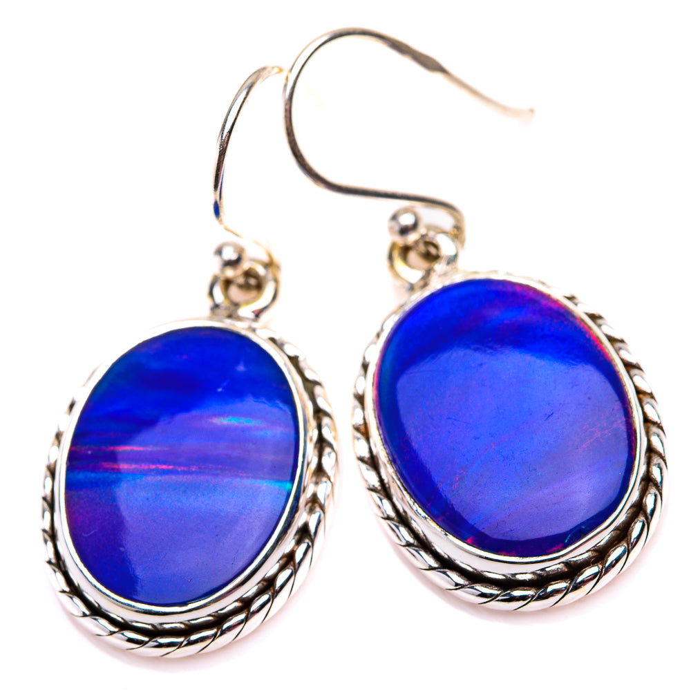 Pair of oval blue cabochon opal drop earrings in sterling silver