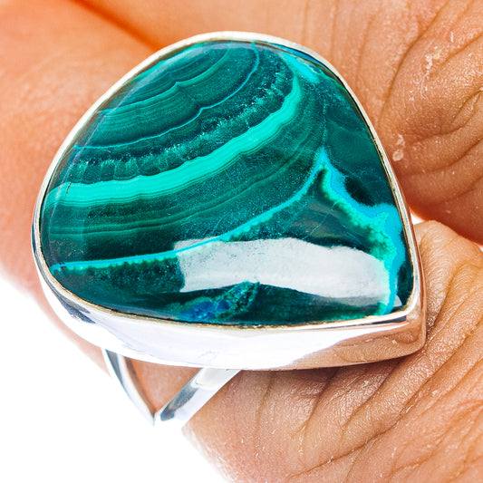 Teardrop malachite chrysocolla ring in polished silver, vivid green-blue banded stone
