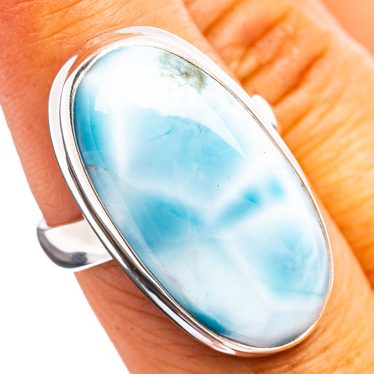 Oval larimar gemstone ring in .925 sterling silver, wide bezel setting