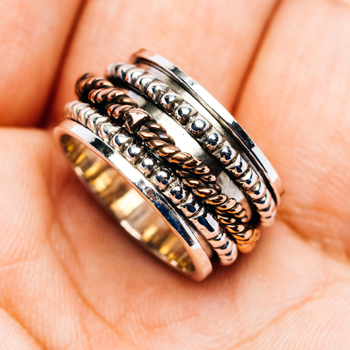 Meditation spinner ring, .925 sterling silver, stacked braided and engraved bands