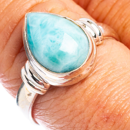 Sterling silver larimar ring with oval turquoise cabochon and triple ridged band
