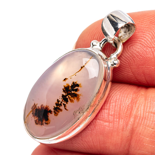 Scenic dendritic agate pendant, oval sterling silver bezel with white stone and brown tree pattern