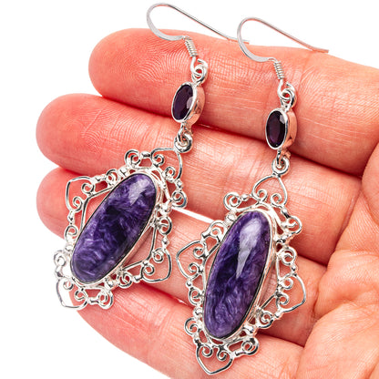 Sterling silver filigree drop earrings with large oval purple gemstone and small top oval