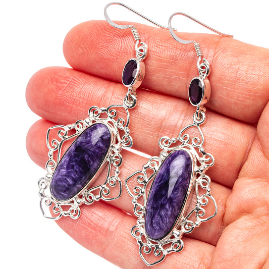 Sterling silver filigree drop earrings with large oval purple gemstone and small top oval