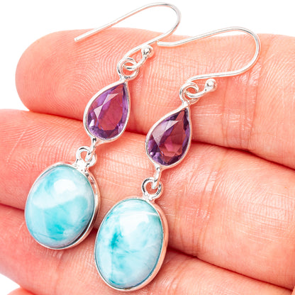 Sterling silver amethyst and larimar drop earrings, purple teardrops with blue ovals