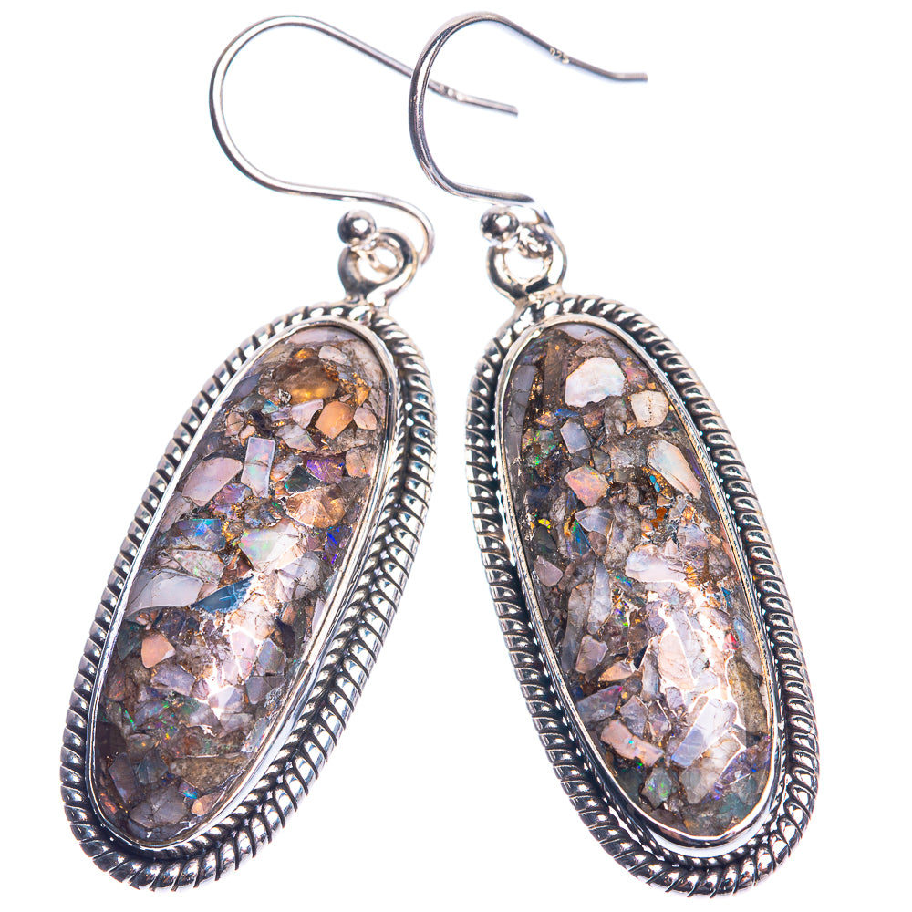 Oval opal druzy drop earrings in silver-tone with beaded border and fishhook backs