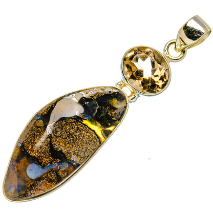 Sterling silver pendant with oval boulder opal, round smoky quartz, and bail loop