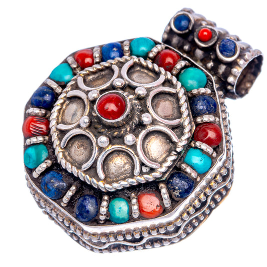 Vintage Native Style Arizona Turquoise, Red Coral, Lapis Lazuli 1 3/8" (925 Sterling Silver) P40022