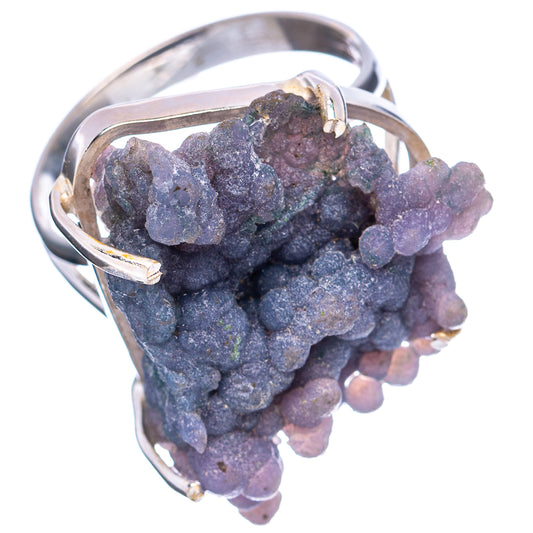 Purple grape agate sterling silver ring with open band and prongs, angled