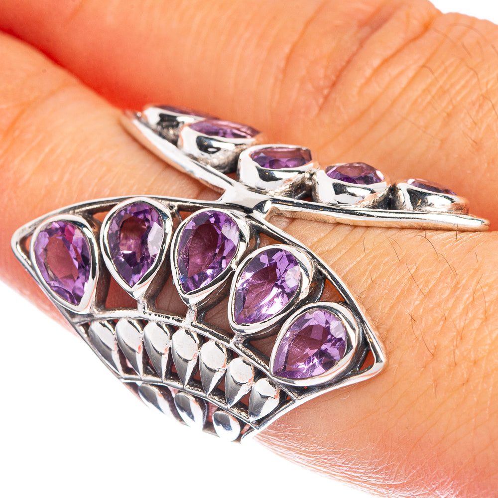 925 sterling silver amethyst ring with faceted purple stones, openwork design
