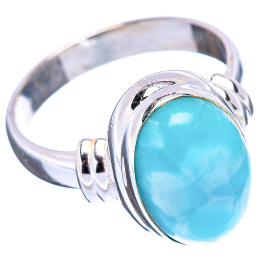 Sterling silver larimar ring with oval light-blue gemstone, curved shank detail, side view