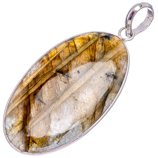 Oval labradorite pendant with silver-plated rim and round bail, gold-gray stone.