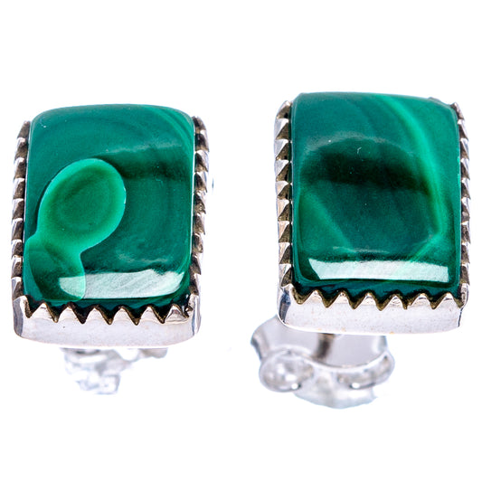 Malachite square stud earrings with scalloped silver bezel and green patterned stone