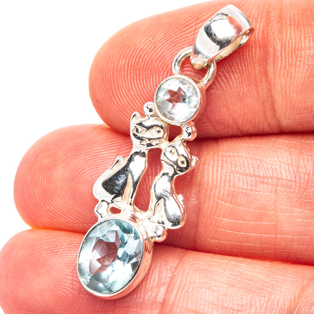 Blue Topaz Cats Motif Pendant 1 1/2" (.925 Sterling Silver)