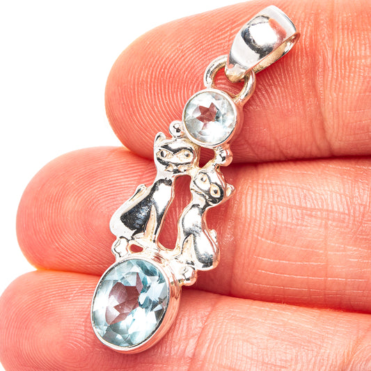 Blue Topaz Cats Motif Pendant 1 1/2" (.925 Sterling Silver)
