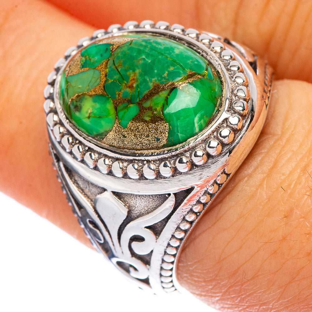 Oval green turquoise composite ring in ornate 925 sterling silver setting
