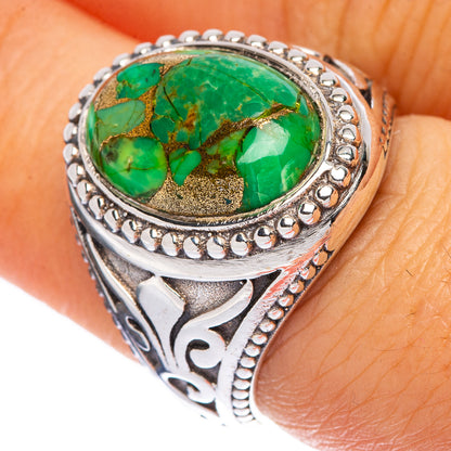 Oval green turquoise composite ring in ornate 925 sterling silver setting