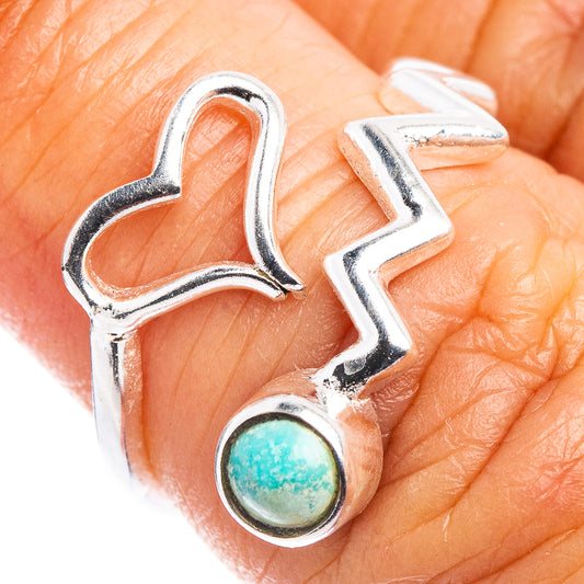 Sterling silver dainty heart ring with round turquoise stone centerpiece, adjustable band