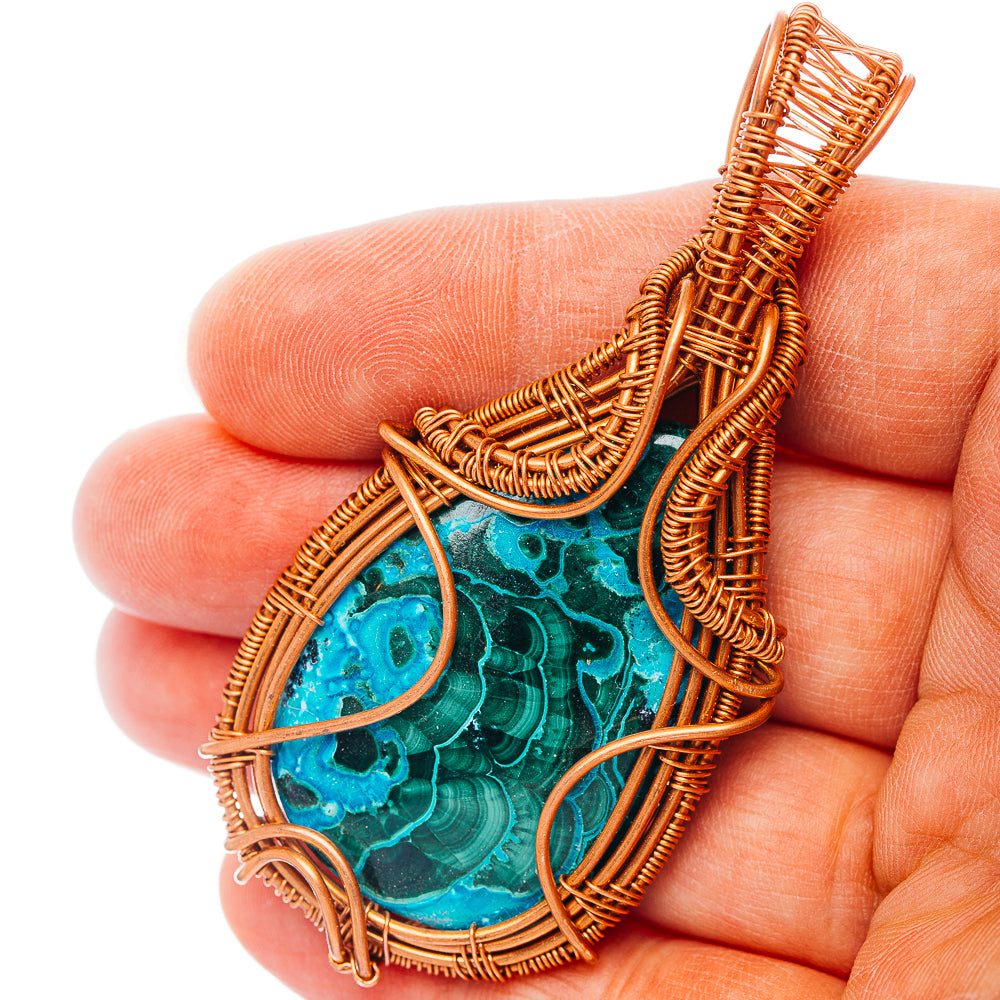 Malachite In Chrysocolla Wire Wrap Pendant 2 7/8" (Copper)
