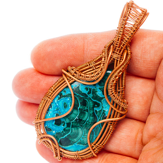 Malachite In Chrysocolla Wire Wrap Pendant 2 7/8" (Copper)