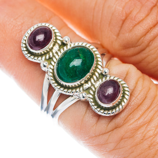 Zambian Emerald, Burmese Ruby Ring Size 7 (.925 Sterling Silver)
