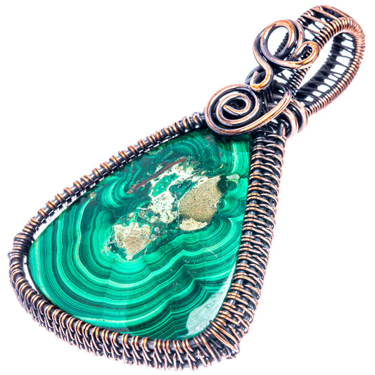 Oxidized copper wire wrap malachite teardrop pendant with coiled spiral wire frame