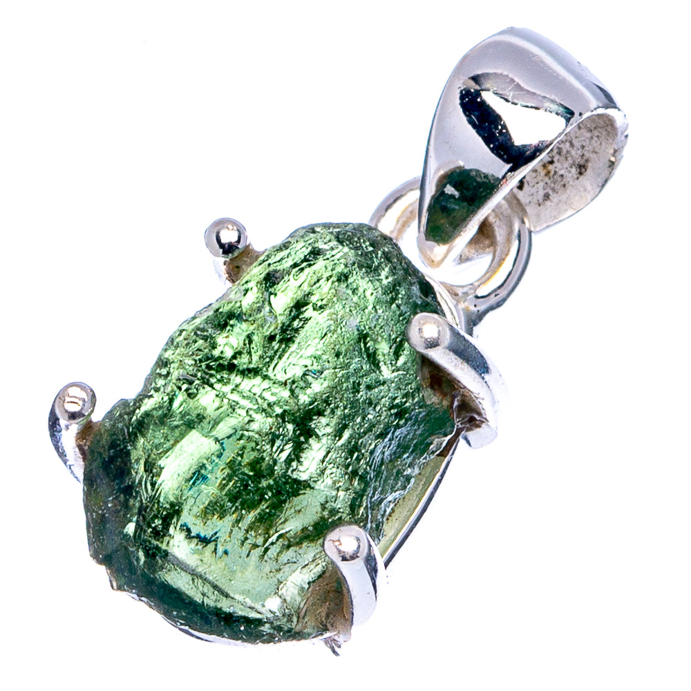 Sterling silver raw moldavite pendant with bright green rough crystal and prong bezel