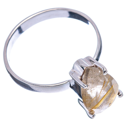 Sterling silver band rutilated quartz ring with teardrop gemstone in prong setting