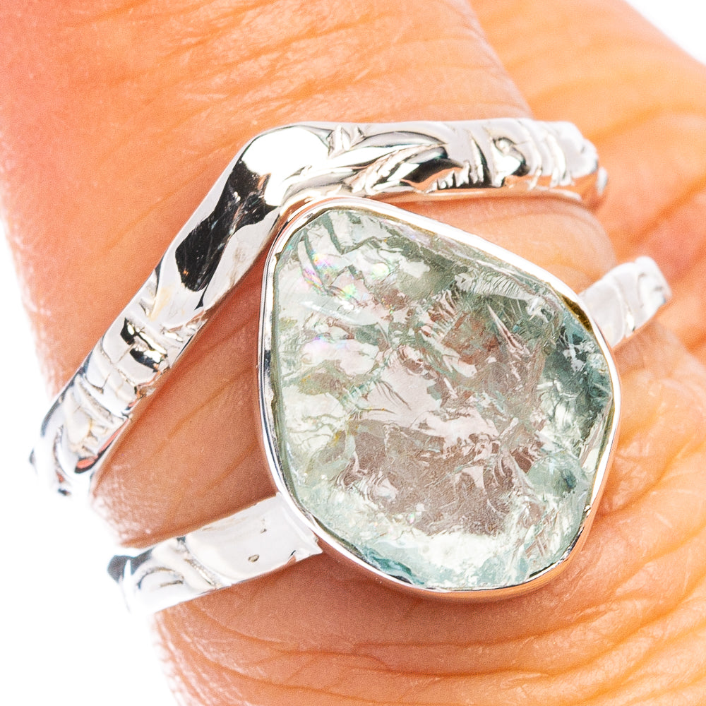 Aquamarine gemstone sterling silver ring, size 6.75, oval raw stone setting