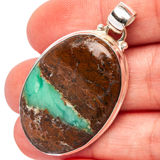 Sterling silver oval boulder chrysoprase pendant, green-and-brown cabochon stone