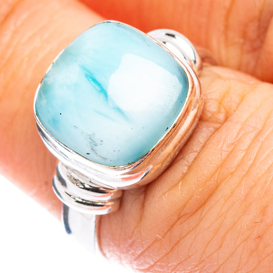 Oval blue larimar cabochon set in .925 sterling silver ring, size 6.75