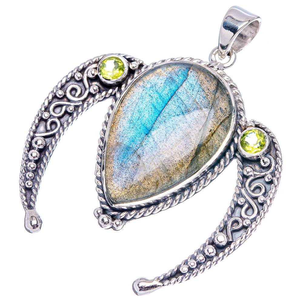 Heart-shaped labradorite pendant with peridot stones, sterling silver bail