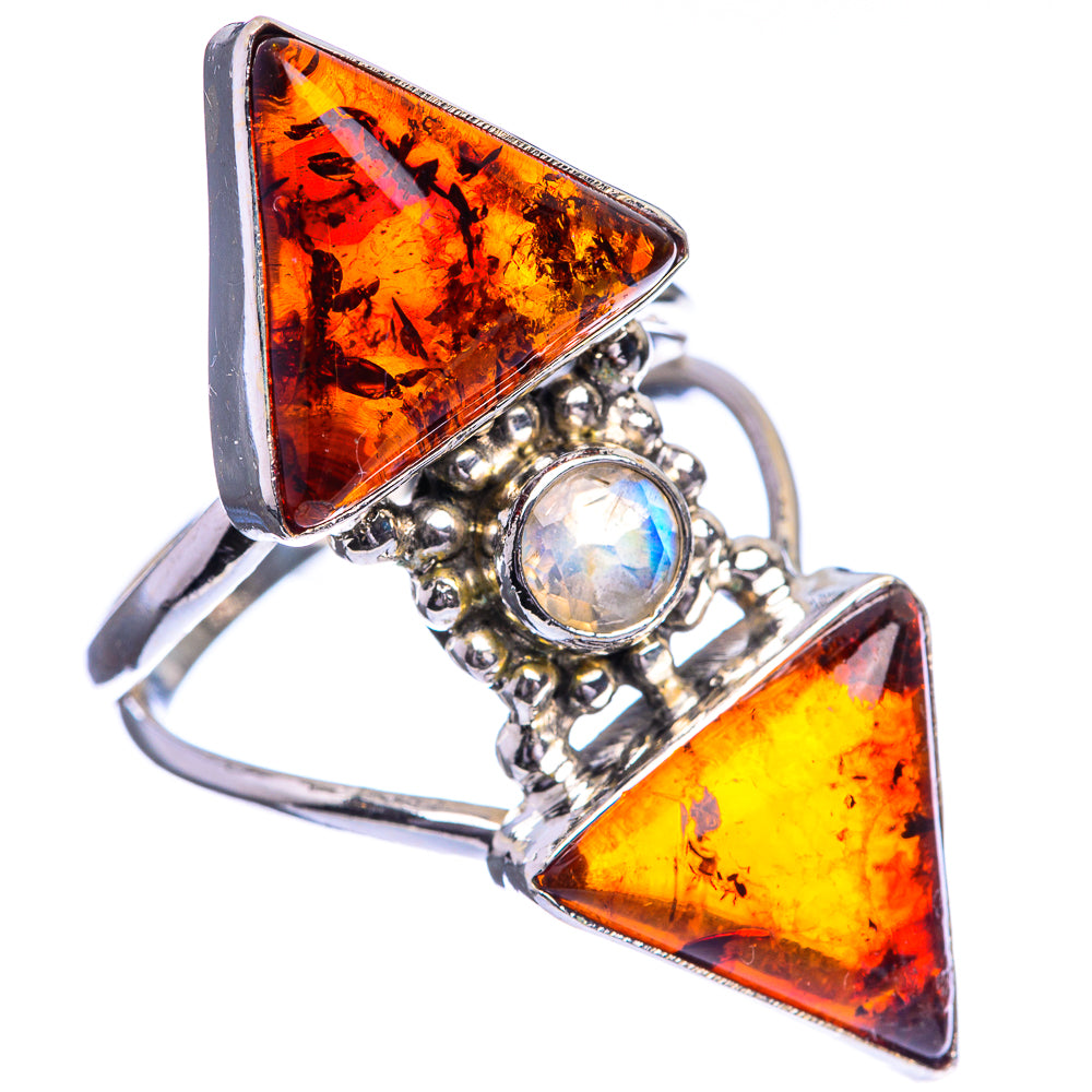 Large Baltic Amber, Rainbow Moonstone Ring Size 9 (925 Sterling Silver) R143213