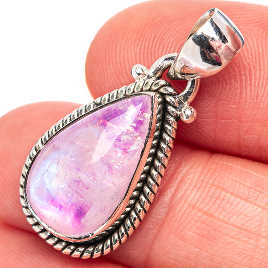 Pink moonstone teardrop pendant in .925 sterling silver with rope-edge bezel
