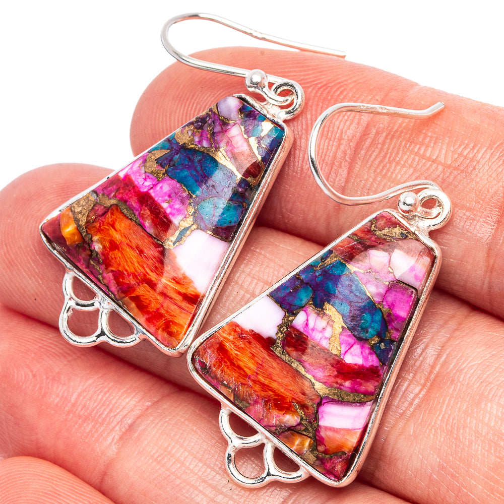 Kingman Pink Dahlia Turquoise Earrings 1 5/8" (925 Sterling Silver) E1725